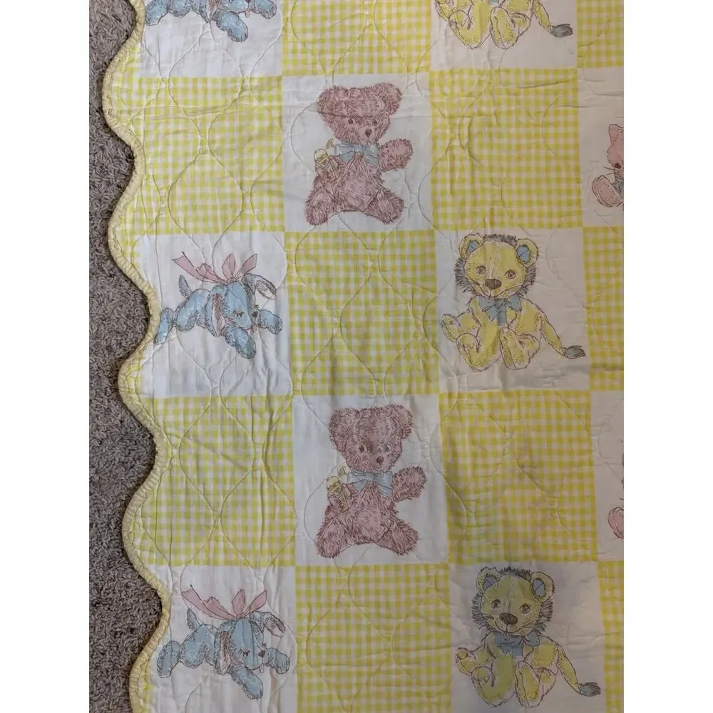 Vintage Baby Quilt Coverlet 33x42 Teddy Bear Bunny Gingham Nursery Handmade